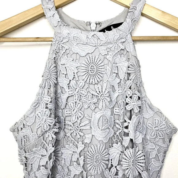 Lulu's Women's M Love Poem Light Grey Floral Lace Crochet Halter Mini Dress - Picture 5 of 11